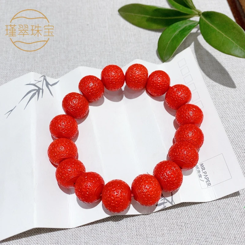 Natural ore high-content red bracelet with patterned and floral beads women