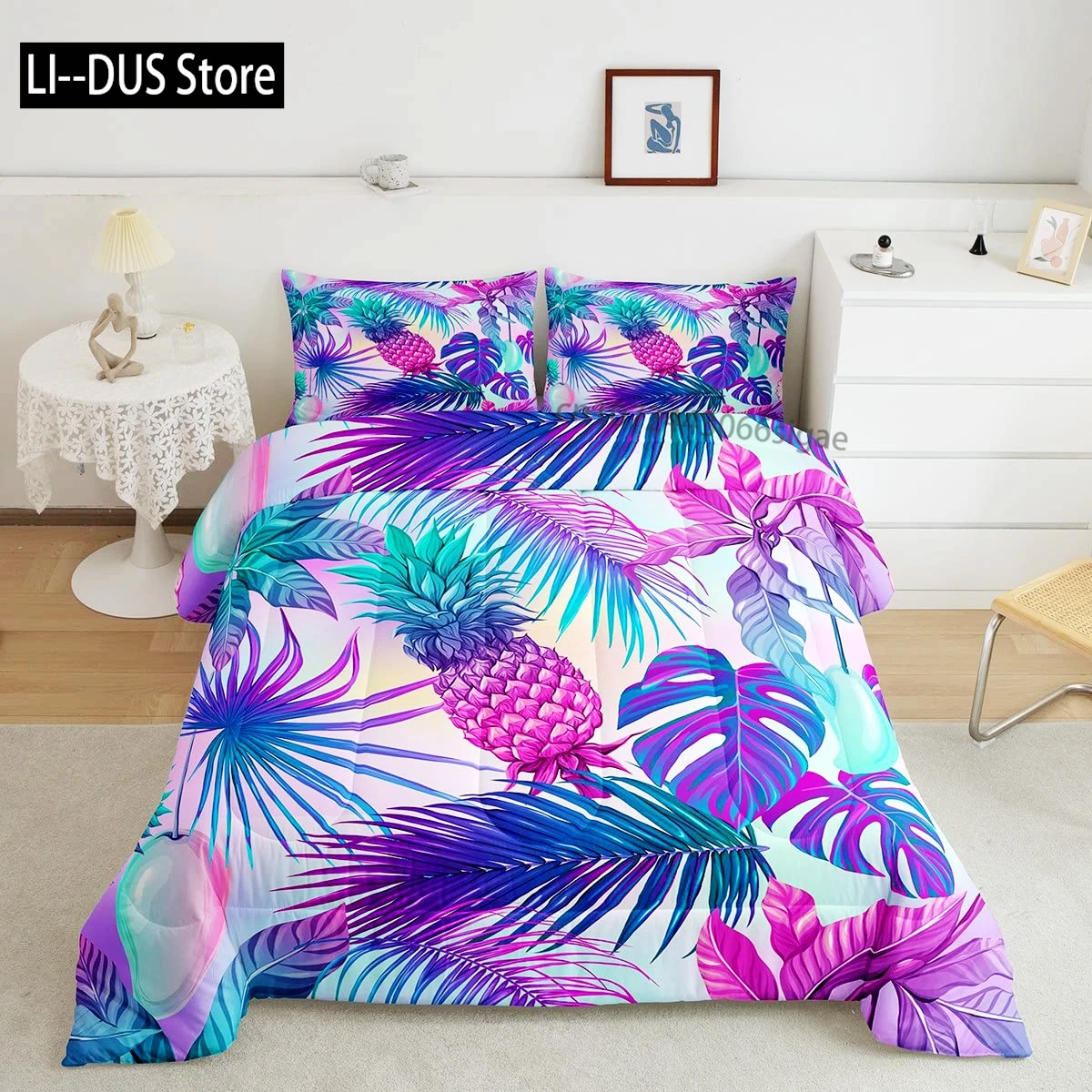 

Pineapple Duvet Cover Set, Tropical Theme Vintage Style Fruit Pattern, Decor 3 Piece Bedding Set with 2 Pillow Shams, Full Size
