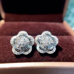Huitan Dazzling Flower Earrings Full CZ Silver Color Aesthetic Earrings for Women Wedding Party Temperament Sweet Girls Jewelry