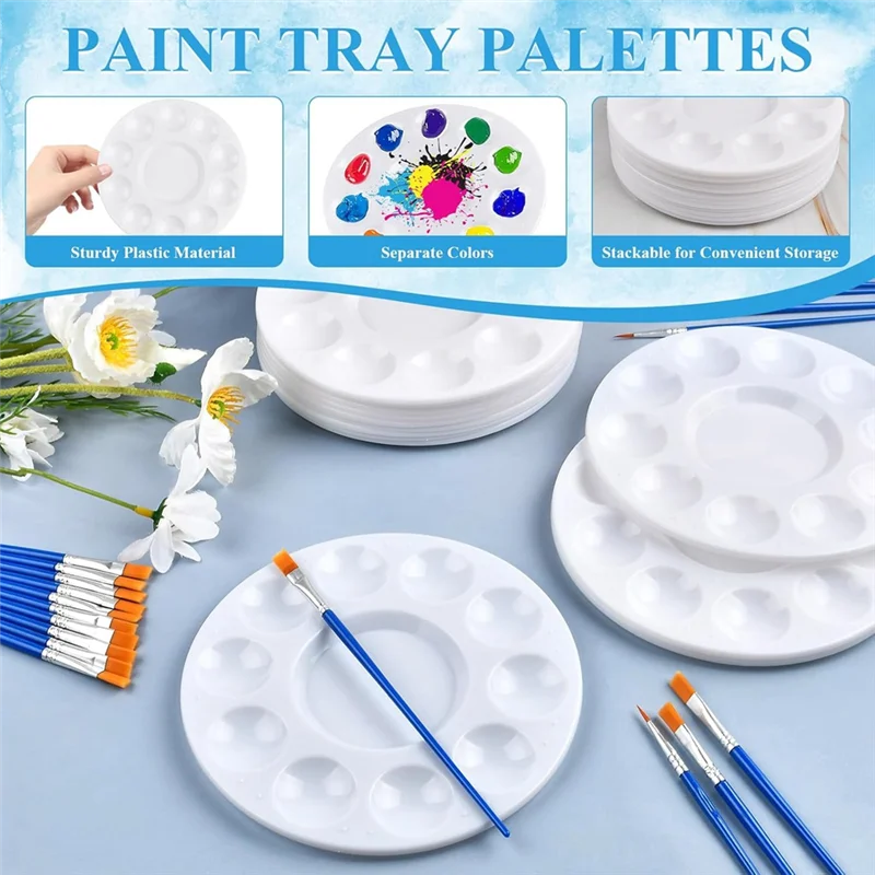 Conjunto de paletas de pincéis de pintura de 150 peças, incluindo 100 peças de pincel de pintura de nylon e 50 peças de paleta de bandeja de pintura de plástico redonda-ABGL