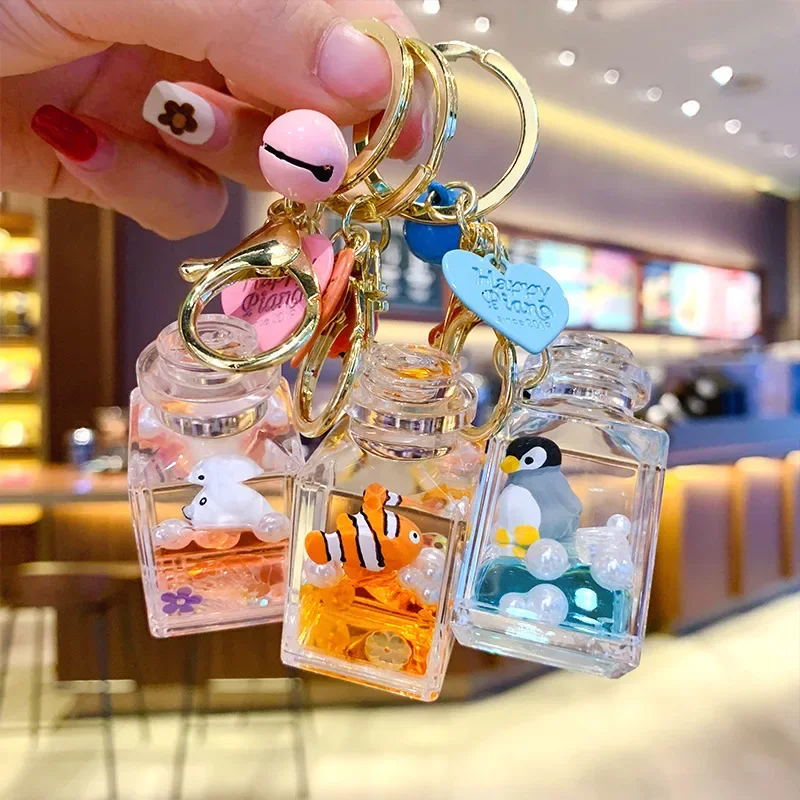 1PC Cartoon Óleo Líquido Goldfish Dolphin Keychain Turtle Penguin Quicksand Balões Flutuantes Coloridos Mulheres Gift Bag Car Keyring