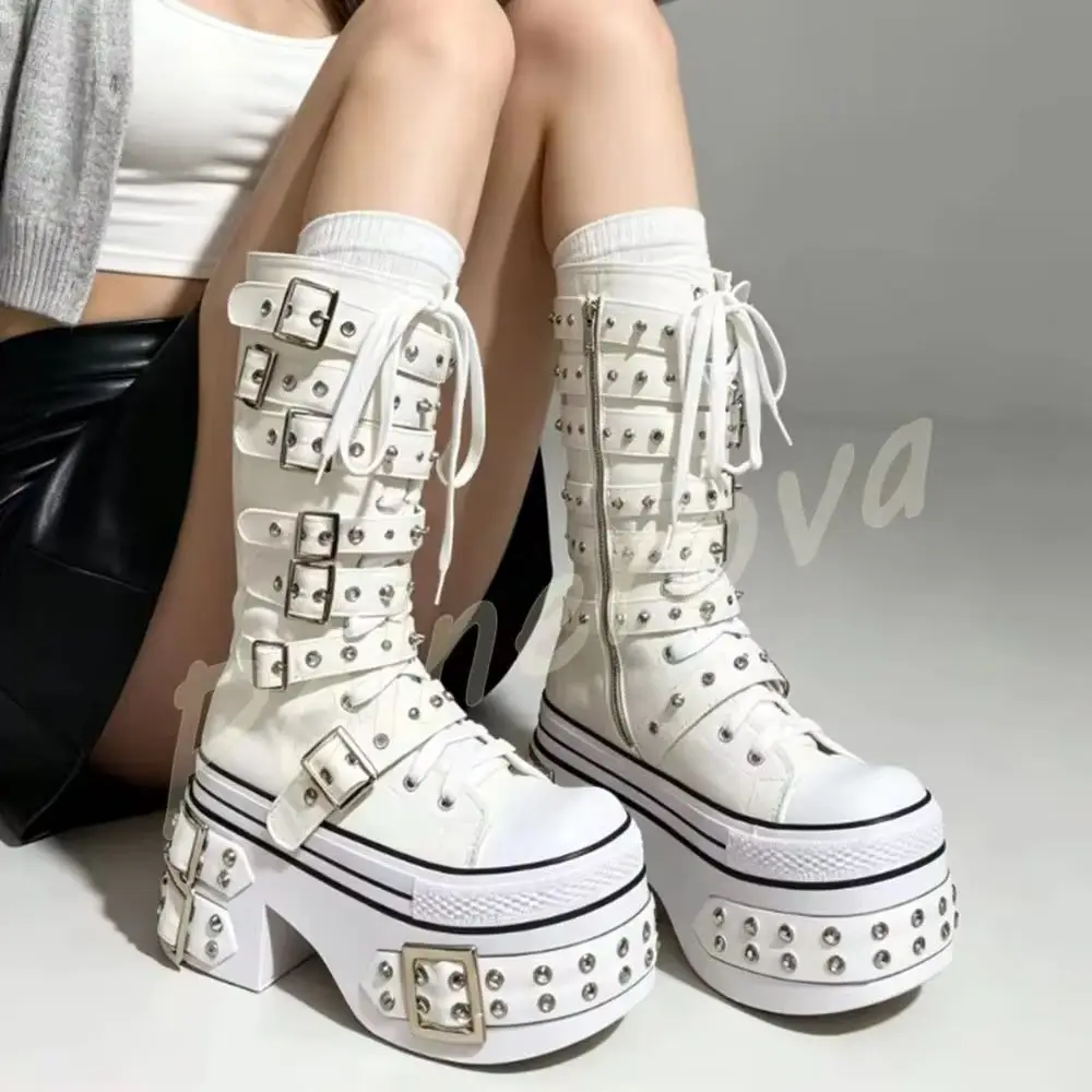 Punk Rivet Buckle Knee High Boots White Platform Lace Up Side Zip Chunky Block Heel Canvas Boots Y2K Street Gothic Women Shoes