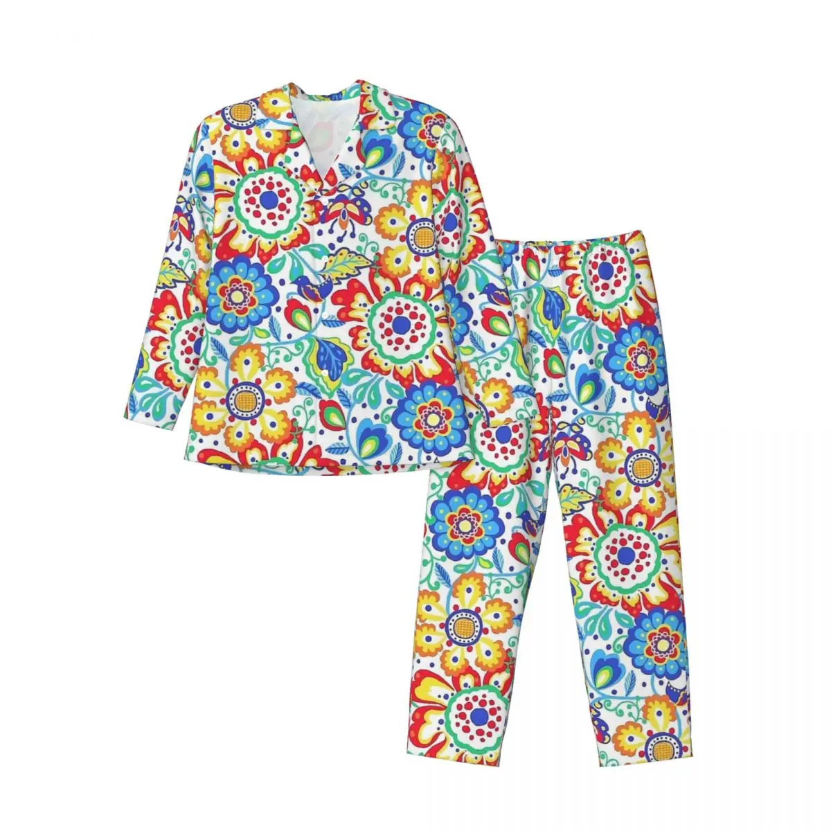 Pyjama à imprimé floral pour hommes, vêtements de nuit de chambre à coucher, ensemble de pyjama deux pièces, décontracté, manches longues, mignon, surdimensionné, trempé à la maison, art populaire