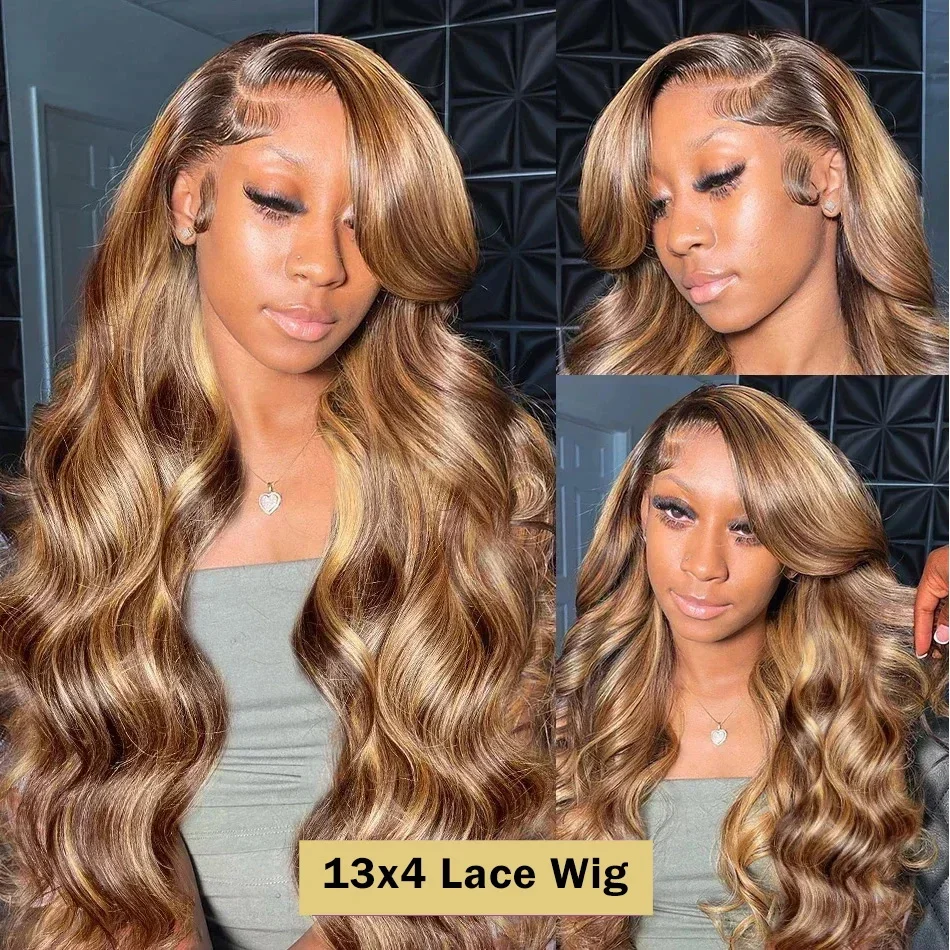 Perruque Lace Front Wig Body Wave Brésilienne Naturelle, Cheveux Humains, Brun, Blond Miel, 13x4, à Reflets Ombrés, 427