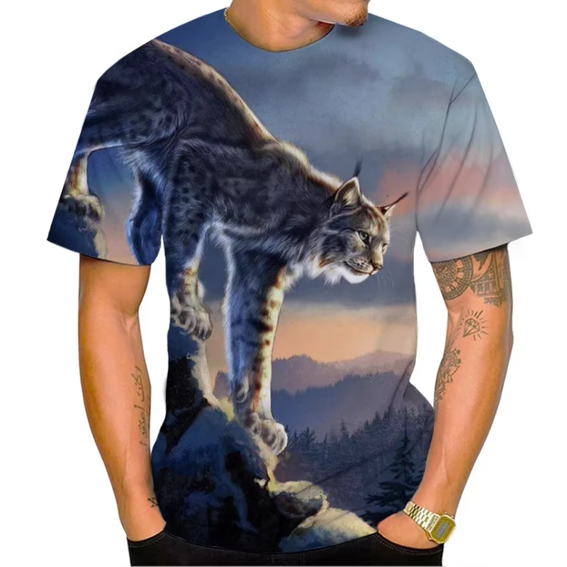 Summer Men T Shirt Funny Animal Lynx 3D Print T-Shirts Unisex Short Sleeve Casual T Shirt Oversized Harajuku Tees Kids Clothing