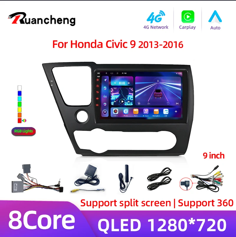 For Honda Civic 9 2013 2014 2015 2016 Android 13 Carplay Car Radio Multimedia Video Player GPS Navigation 2 Din Autoradio