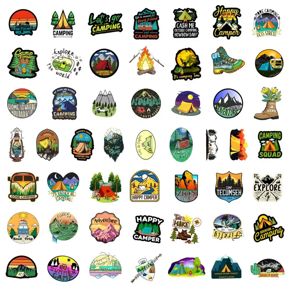 Happy Camping-pegatinas para botellas de agua y cuaderno, pegatinas de papelería con estampado transparente, extraíbles, para álbum de recortes, 50 piezas