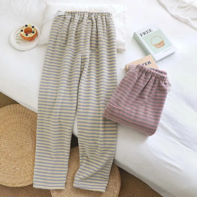 Coral Fleece Women Sleep Pants Autumn Winter Striped Adjustable Waist Belly Support Loose Home Trousers