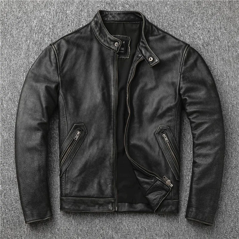 

Top-grain cowhide motorcycle leather men's stand-up collar short casual coat