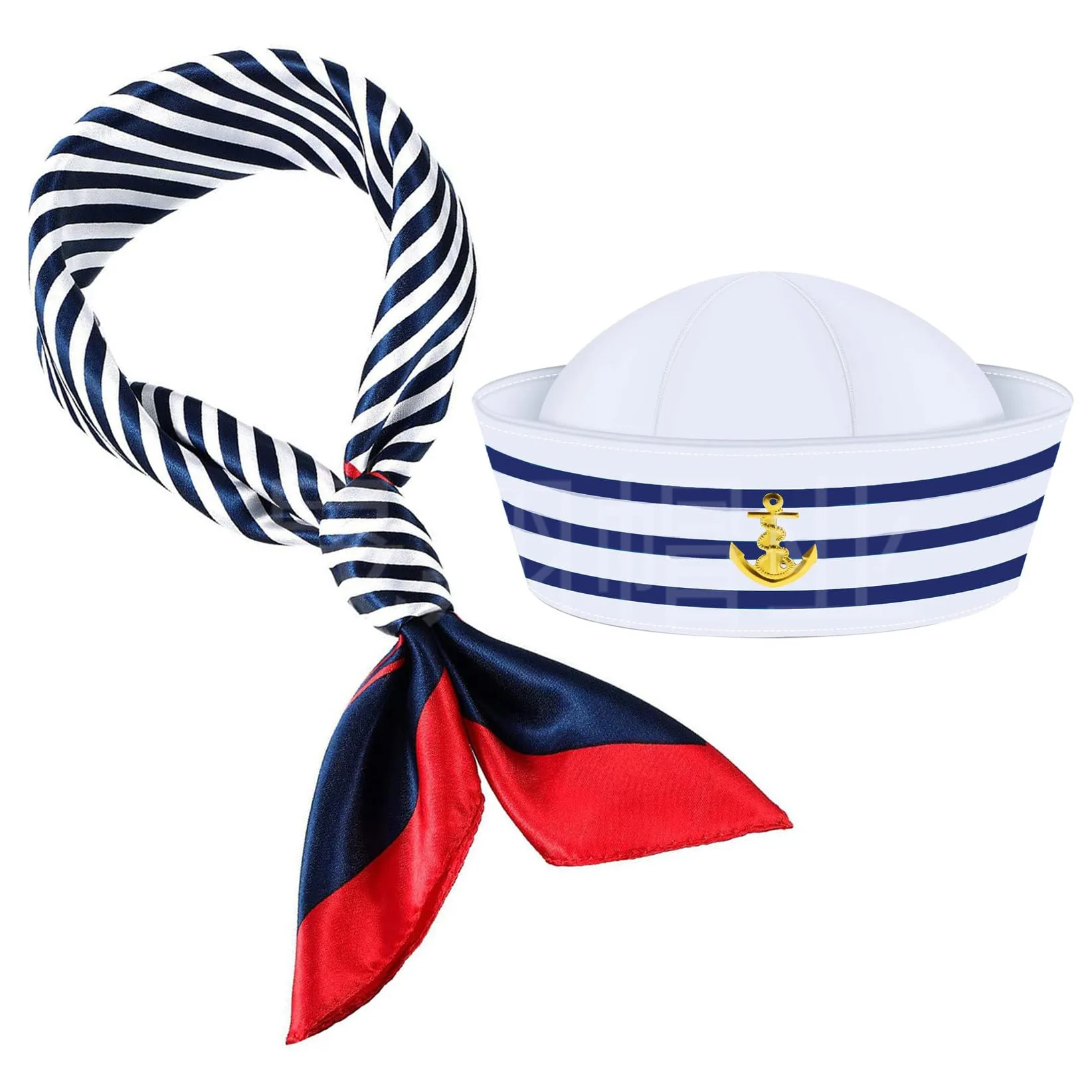 

Military Hat Army Peaked Blue white striped captain sailor scarf set yacht outfit party navy 8M167