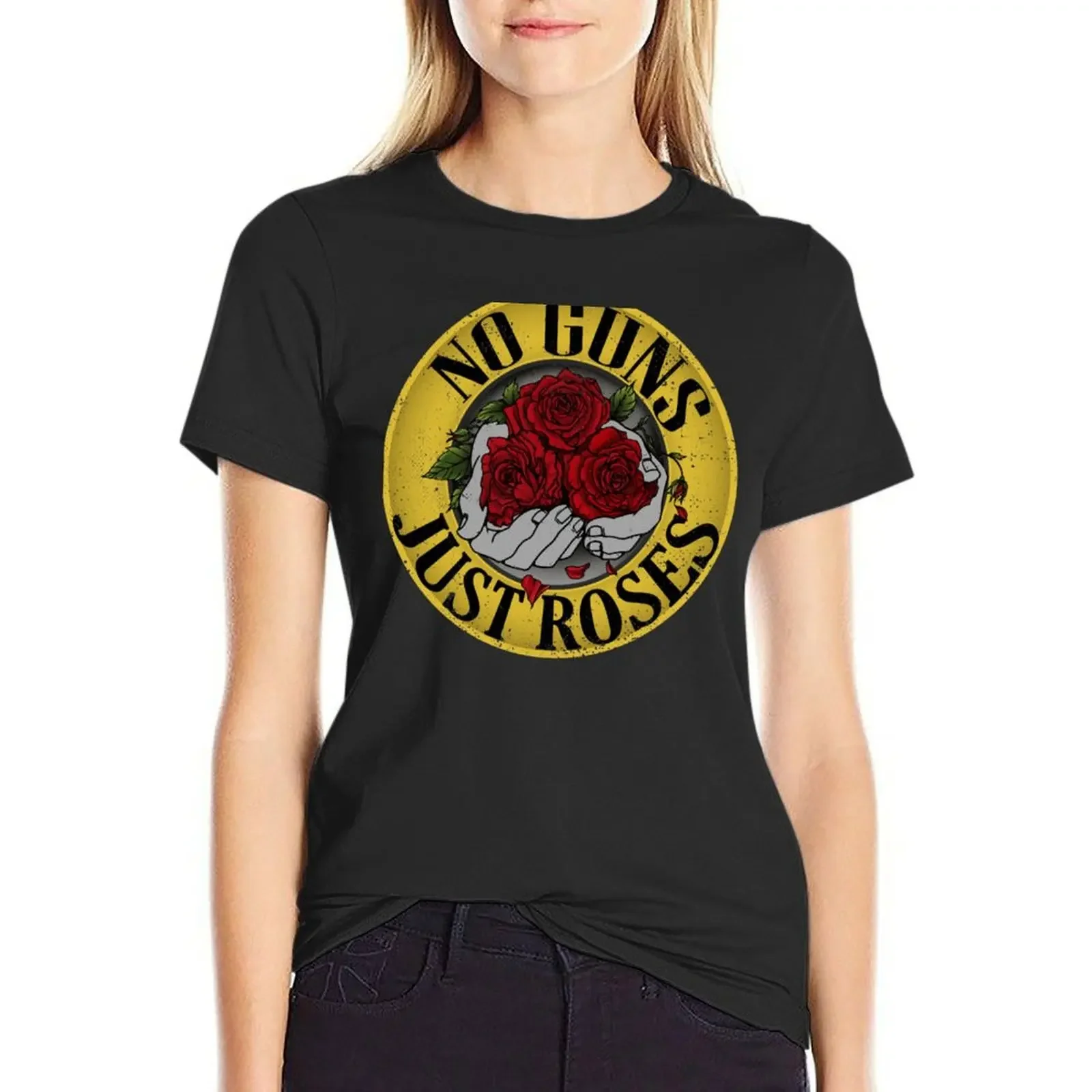 

No guns, just roses, Hand holding Roses in Rockstyle, Anti Gun Quote T-Shirt anime heavyweights t shirt dress Women