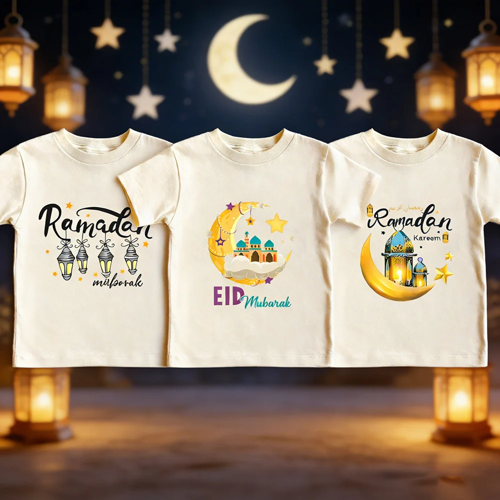 

Детская футболка Moon Star Ramadan Mubarak, детская футболка для Рамадана и Ид, одежда для девочек и мальчиков, топы с короткими рукавами, исламская мусульманская одежда