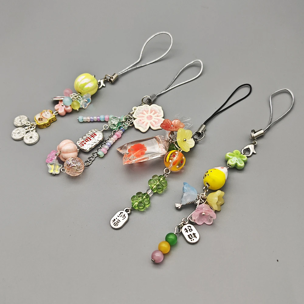 Hot Selling  Y2K Phone Charm Strap Ins Chinese Style Colorful Flower Lanyard Custom Lucky Fish Bag Pendant For Airpods Case