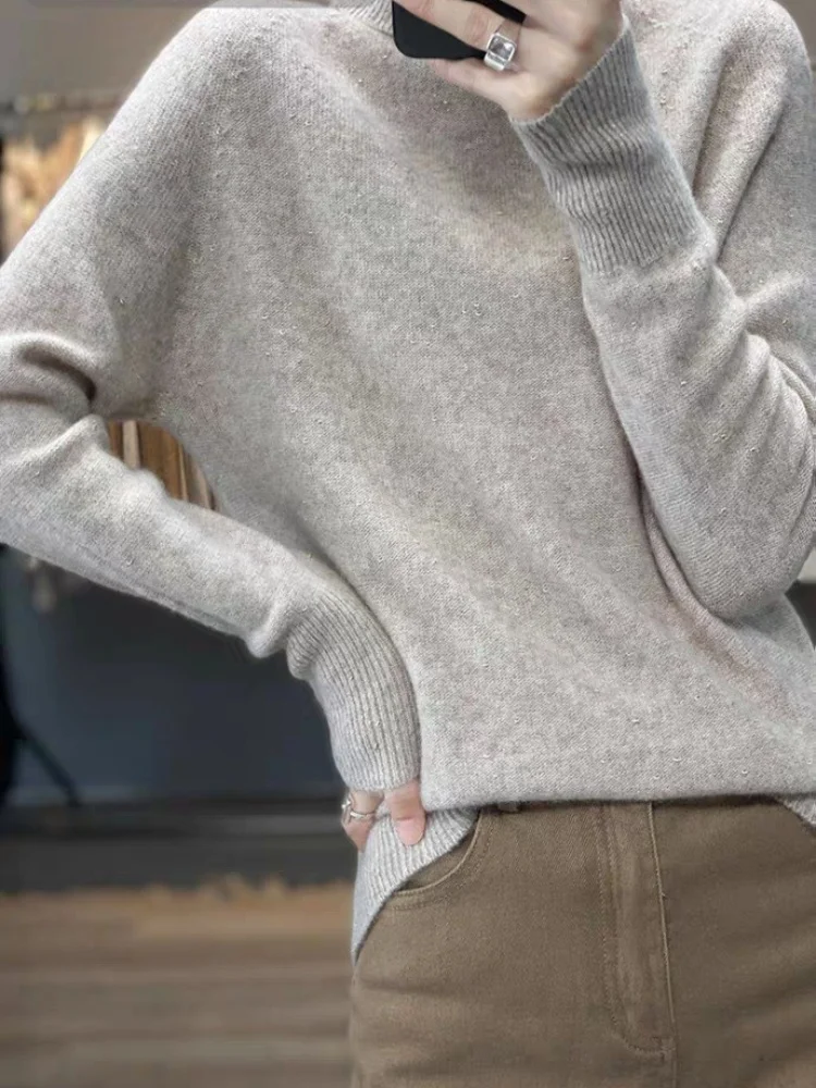 Birdtree 100% Sheep Wool Knited Sweater,Woman Golden Yarn Turtle Neck Full Sleeve Undershirt,2025 Autumn Warmth KnitwearT59630JF