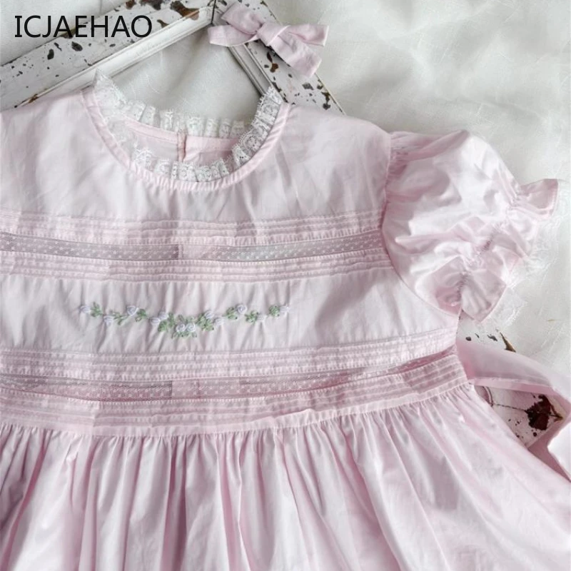 ICJAEHAO 2024 New Handmade Flowers Embroidered Lace Sweet Smocking  A-Line Short Sleeves Girls Dress Children Elegant Frocks