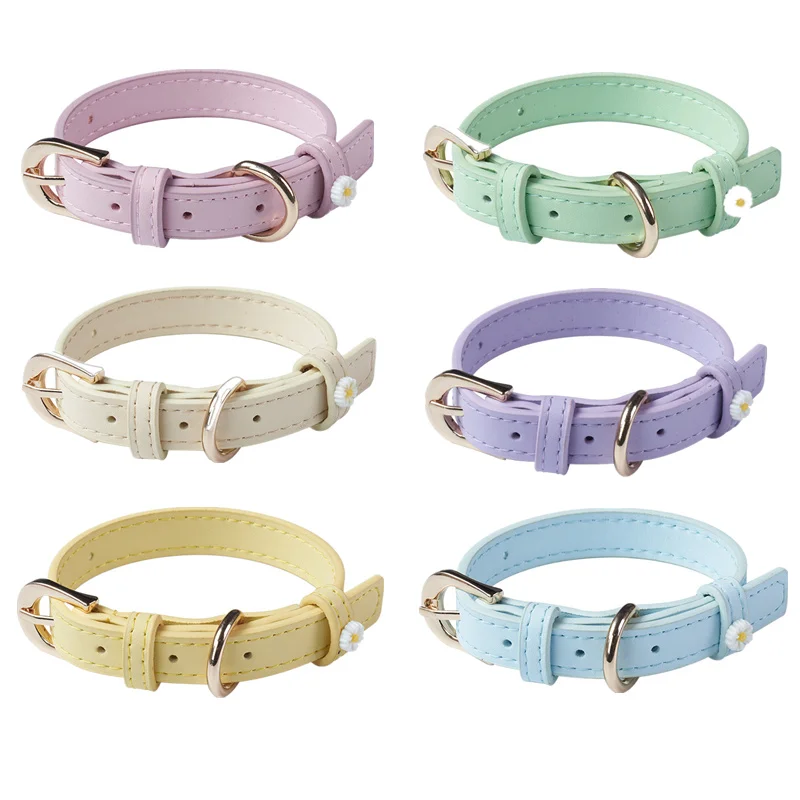 Fashion Dog Accessories PU Leather Pet Collar Daisy Decoration Alloy Buckle Head Traction Rope Neck Loop for Cat Teddy Schnauzer