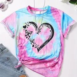 Girl Clothes Child T-Shirt Short Sleeve Heart Print Tie Dye Girl T-Shirt Top Casual Tees Kids Summer Clothes Children's Clothing