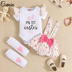 Ceeniu My First Easter Baby Outfits For Girls Bunny Foot Print Romper+Tassel Bodysuit Dress+Leg Warmer Baby Girl Easter Clothes