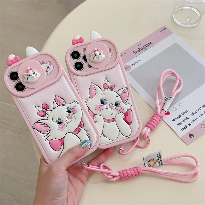 Disney Cute Pink Marie Cat Leather Lanyard Phone Case For iPhone 13 12 11 14 15 16Pro Max Cartoon Ear DIY Push Pull Lens Protect