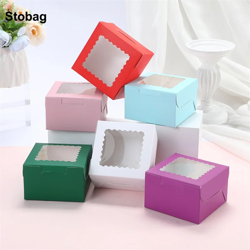 

StoBag 10/20pcs Color Kraft Paper Cake Gift Box with Window Small Packaging for Chocolate Doughnut Storage Baking Party Favors