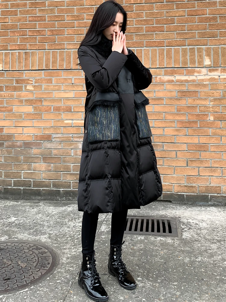 

2025 Winter Thiened White Du down Jaet Women's Coat Medium Length Fur Collar Splicing over Knee Korean Sle Commute