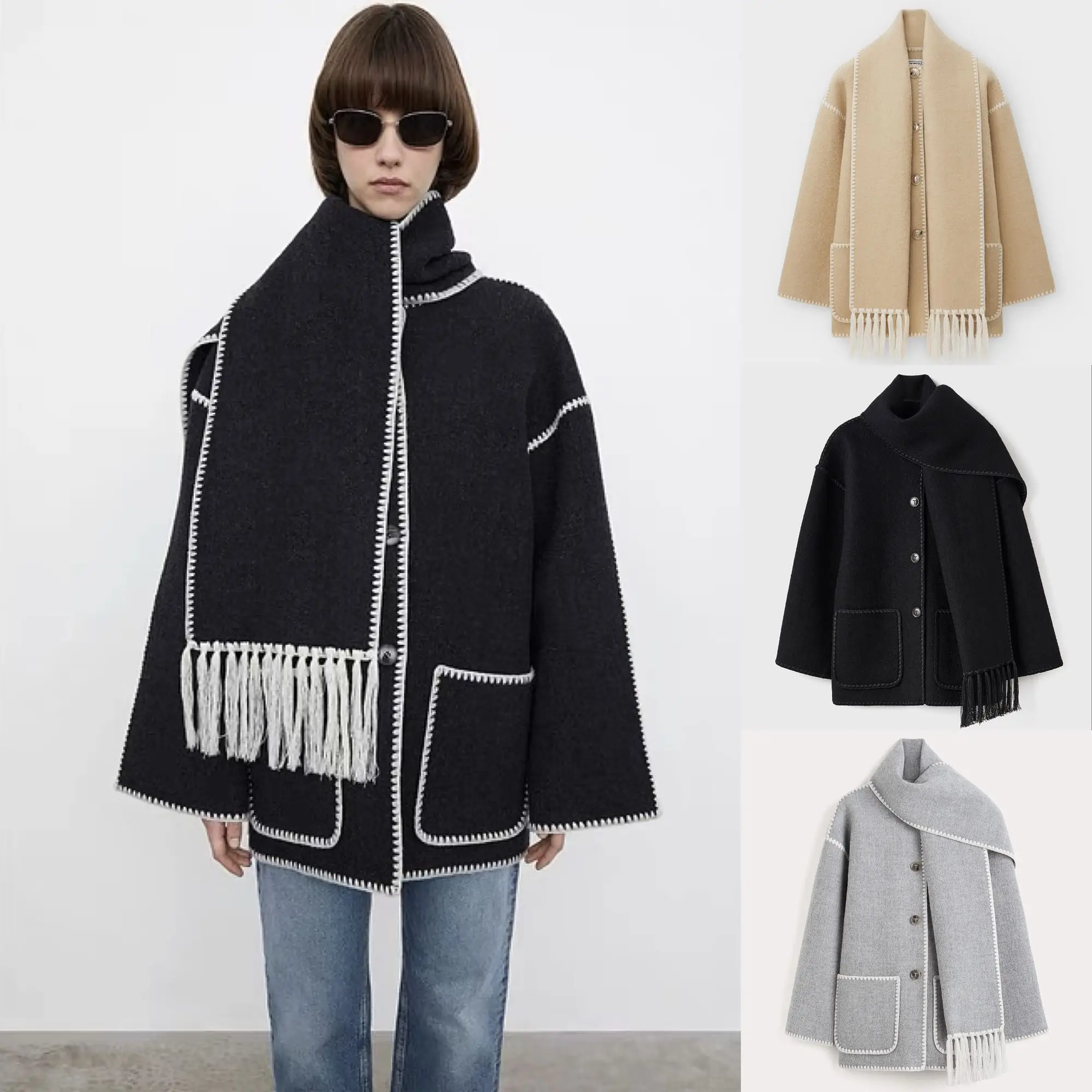 2023 Nordic Scarf Collar Shell Embroidered Fringe Edge Wool Coat Women's Contrast Embroidered Warm Coat