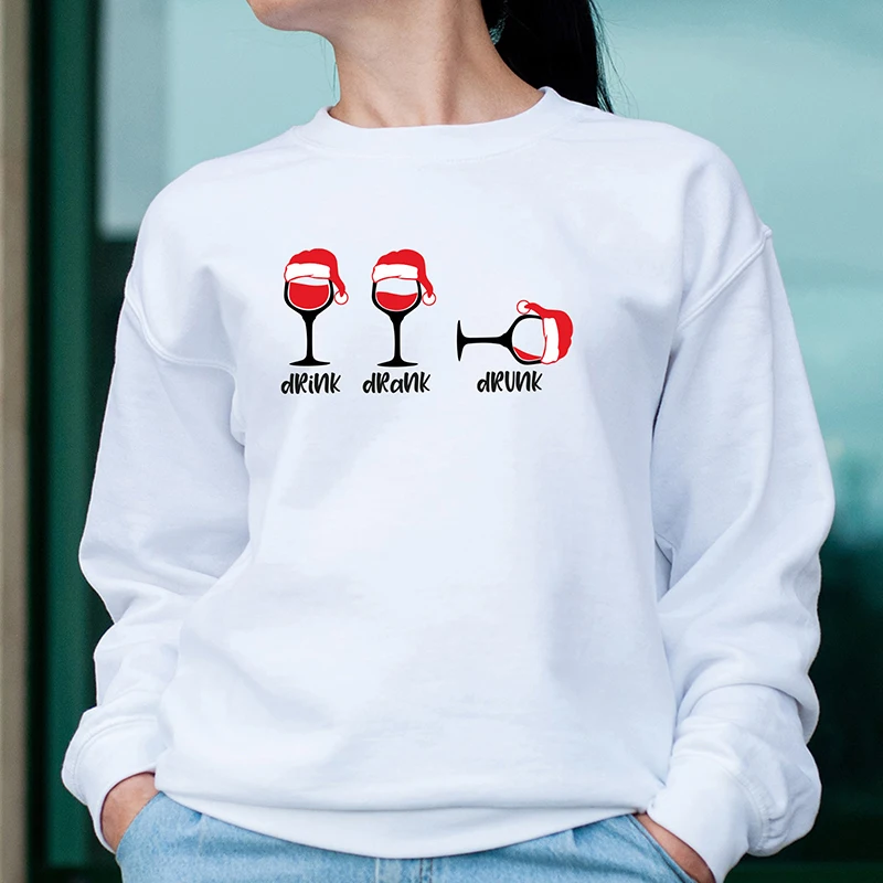 Drink Drank Drunk Funny Wine Merry Christmas Women Sweatshirt Long Sleeve Santa Claus Hoodies Cotton Holiday Clothes Female