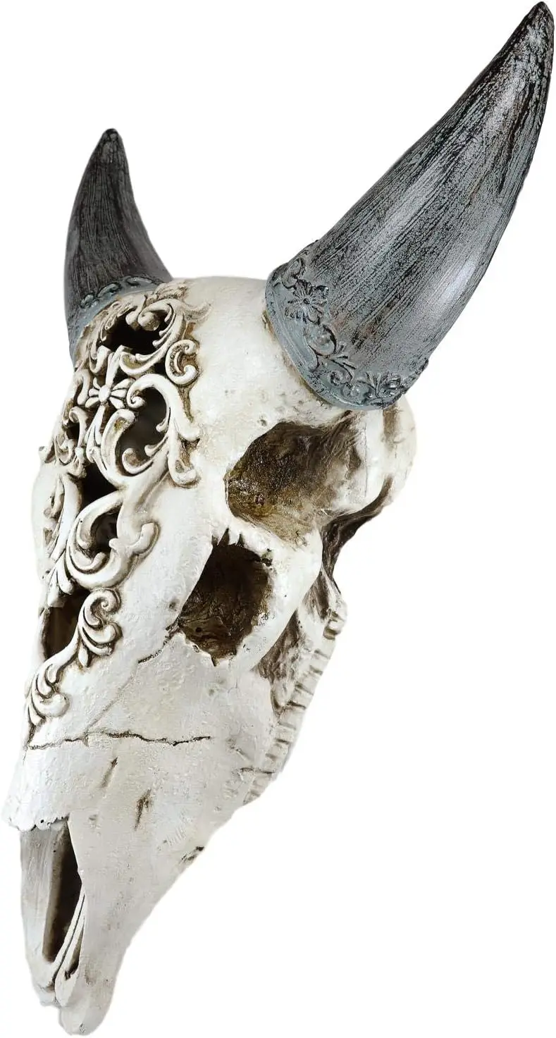Large 18-Inch High American Bison Buffalo Cattle Bull Cow Steer Skull Head Wall Decor, Floral Lace Filigree Tooled Hanging Art Plaque Sculpture, Bisons Bulls Cows Steers Trophy Figurine, Taxidermy Style