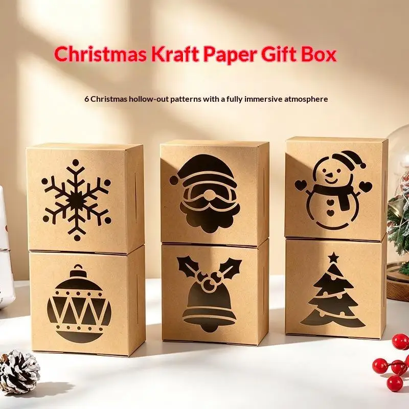 6Pcs Kraft Paper Christmas Gift Boxes Assorted Hollow Carved Patterns for Holiday Present Wrapping Party Decoration