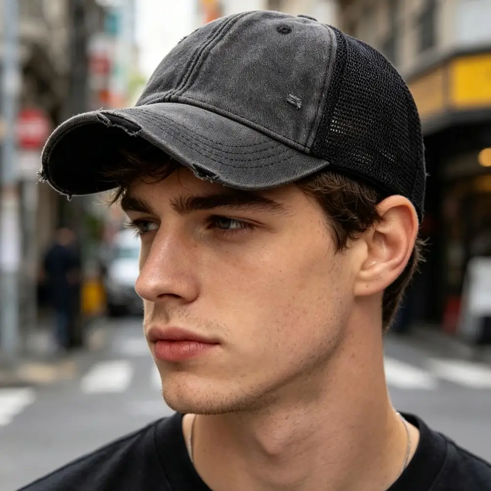 Washed Cotton Baseball Cap Breathable Mesh Splicing Distressed Style Sun Hat UV Protection for Outdoor Sports Beach Travel