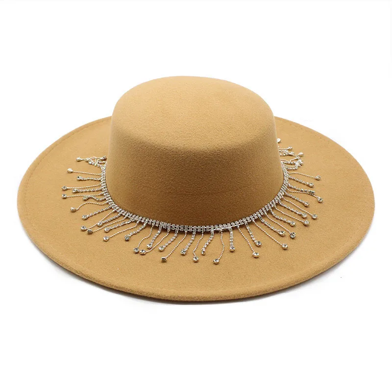 New French Women's Hat Big Wide Brim 10CM Fedora Hat Winter Wool Derby Wedding Jazz Hats Flat Top Felt Hat