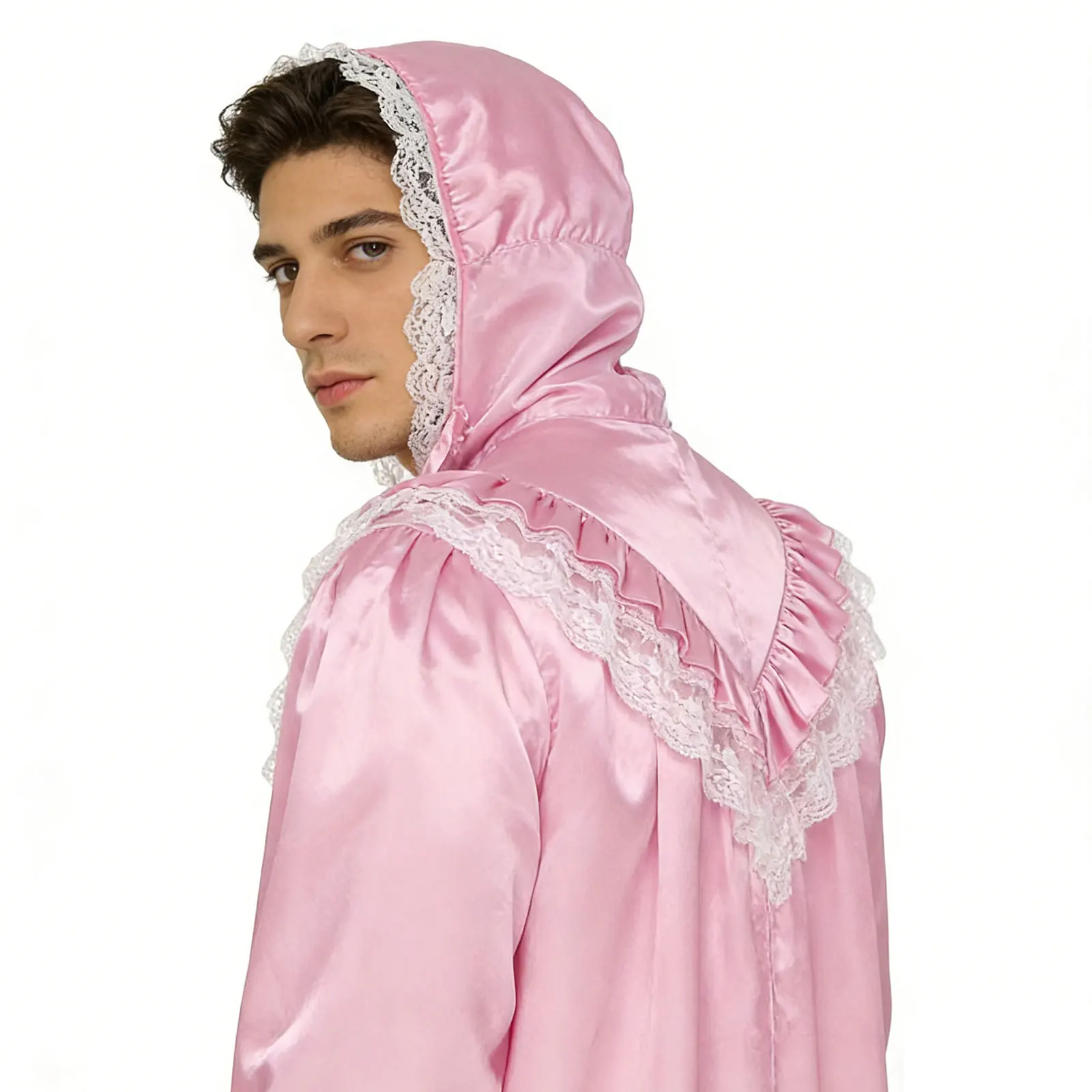 

Mens Vintage Pajamas Party Victorian Style Nightgown with Hat Set Ruffled Lace Trim Long Sleeve Front Zipper Satiny Sleep Dress