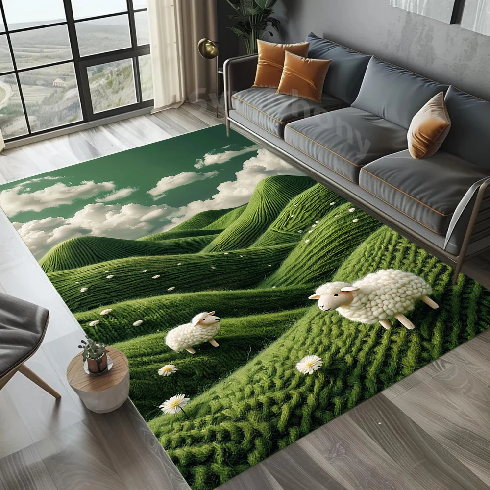 Cute Lamb Pattern Carpet Fresh Healing Pastoral Style Soft Floor Mat Easy Clean for Living Room Bedroom Home Decor