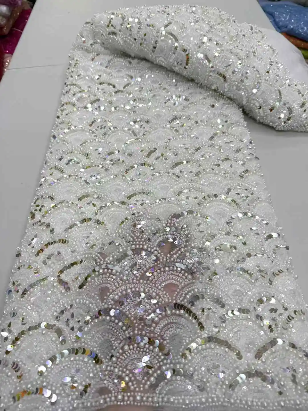 

Luxury African Beaded Lace Fabric High Quality 2025 Beads 3d Embroidery French Tulle Laces 5 Yards for Nigerian Wedding Dress