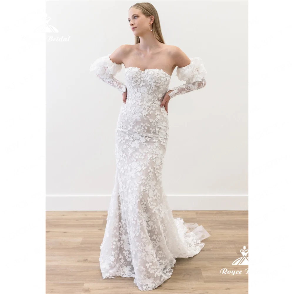 

Royce Strapless Lace Wedding Dress Full Sleeve Backless Mermaid Floor Length Court Train Bride Gownvestidos de boda para fiestas