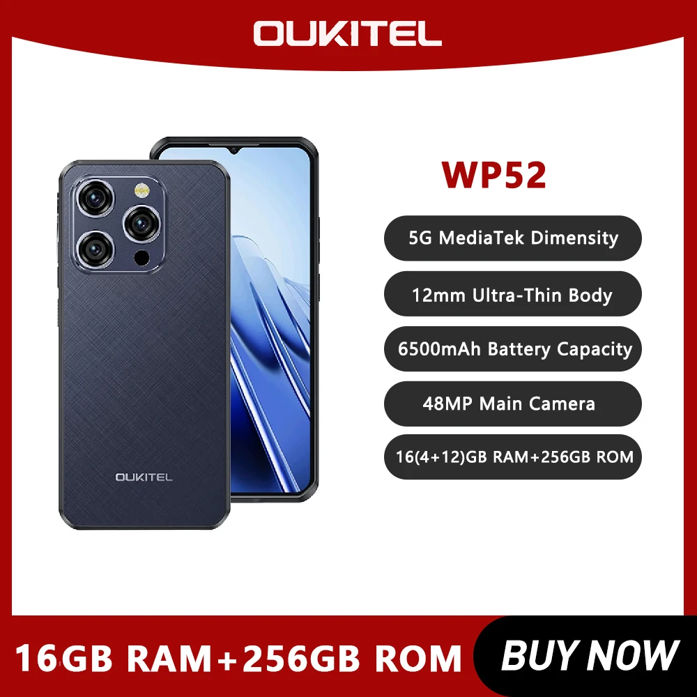 Oukitel-Smartphone Wp52 5G, téléphone portable robuste, 12mm, corps ultra fin, 6500mAh, 16 Go + 256 Go, Android 14, 48MP, NDavid, matin, version globale