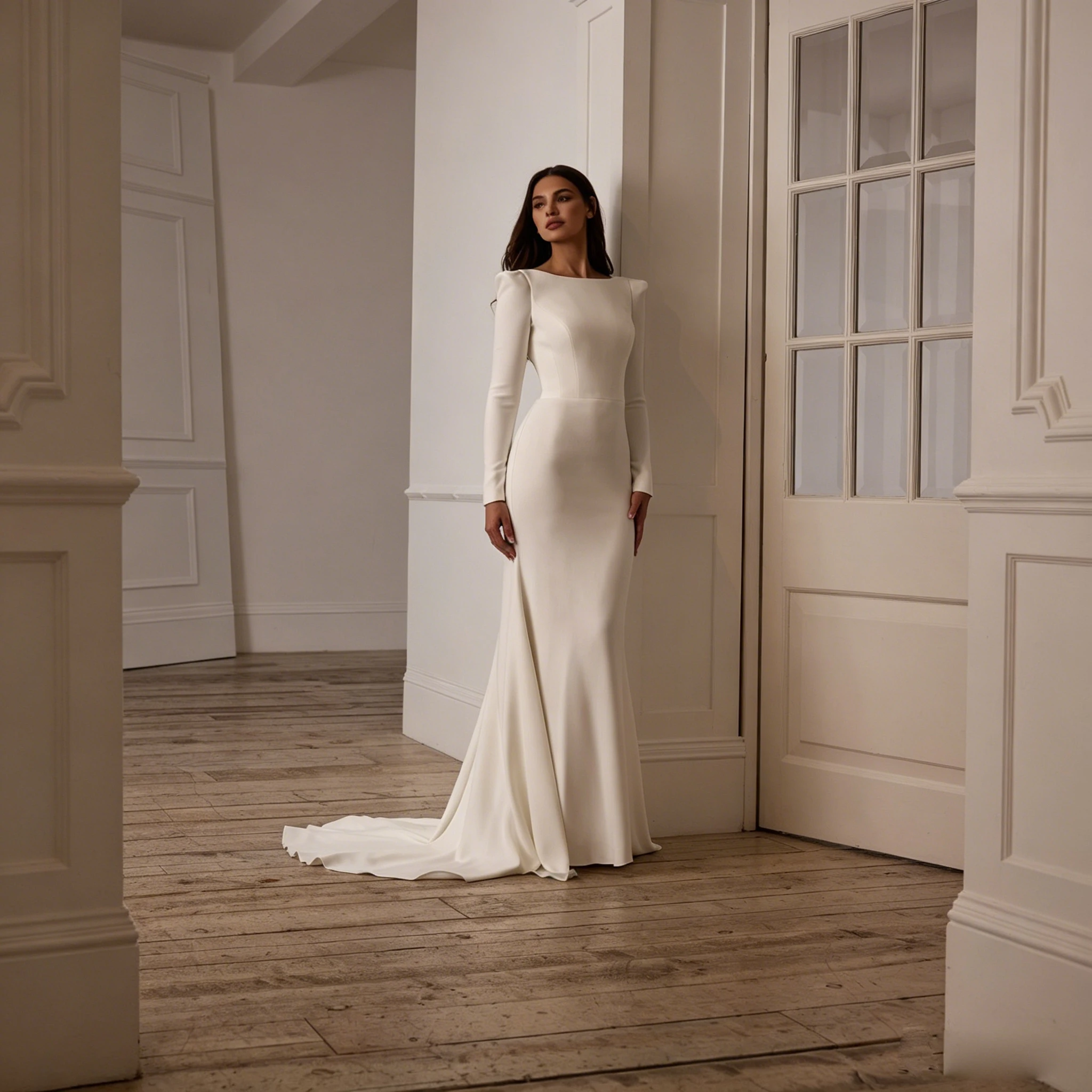 Long Sleeve Boat Neck Satin Mermaid Wedding Dress Open Back Pearl Buttons Minimal Chapel Train Custom Plus Size Vestido De Novia