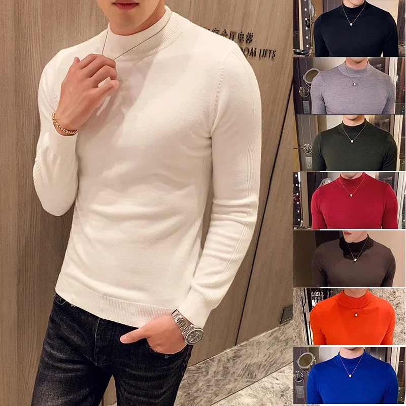 

2023 Autumn Winter High-end Slim Sweater Mens Half high collar Solid Color Pullovers Men Clothing Slim Fit Male Knitted Sweaters