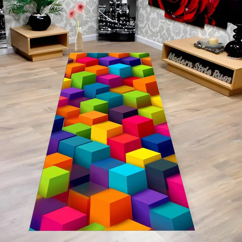 Geometric Abstract Runner Rug Colorful Hallway Rug Non-Slip Base Geometric Multicolor Contemporary Hallway Decor Home Carpet