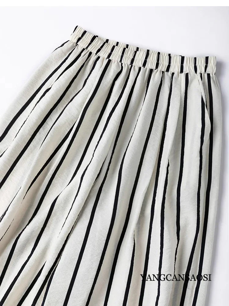 Women's Fashion Clothing Striped Pants 76% Natural Mulberry Silk Dry Silk Texture Elastic Waist Pocket Design Harem Pants