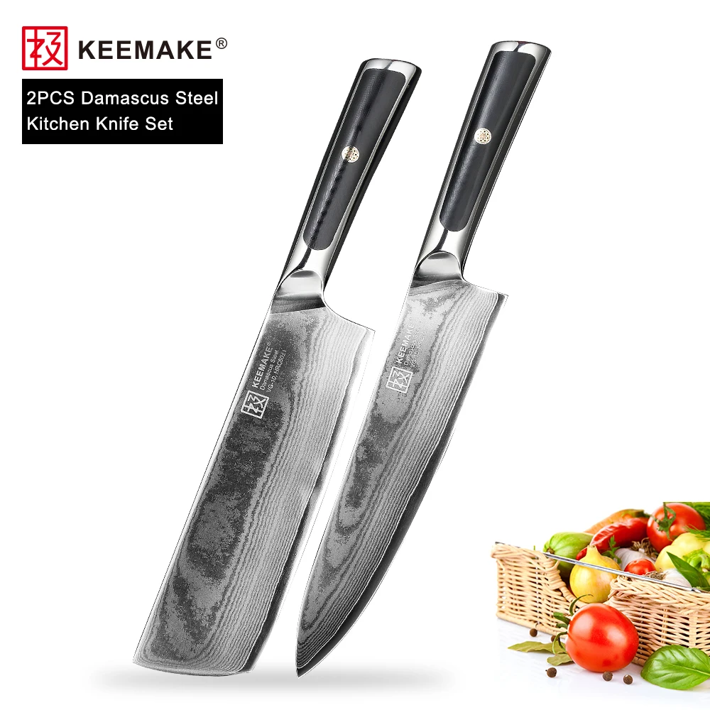 

KEEMAKE Kitchen Knives 2PCS Set Professional Chef's Cleaver Knife VG10 Damascus Steel Meat Vegetable Fruit Cutting Knife Tools