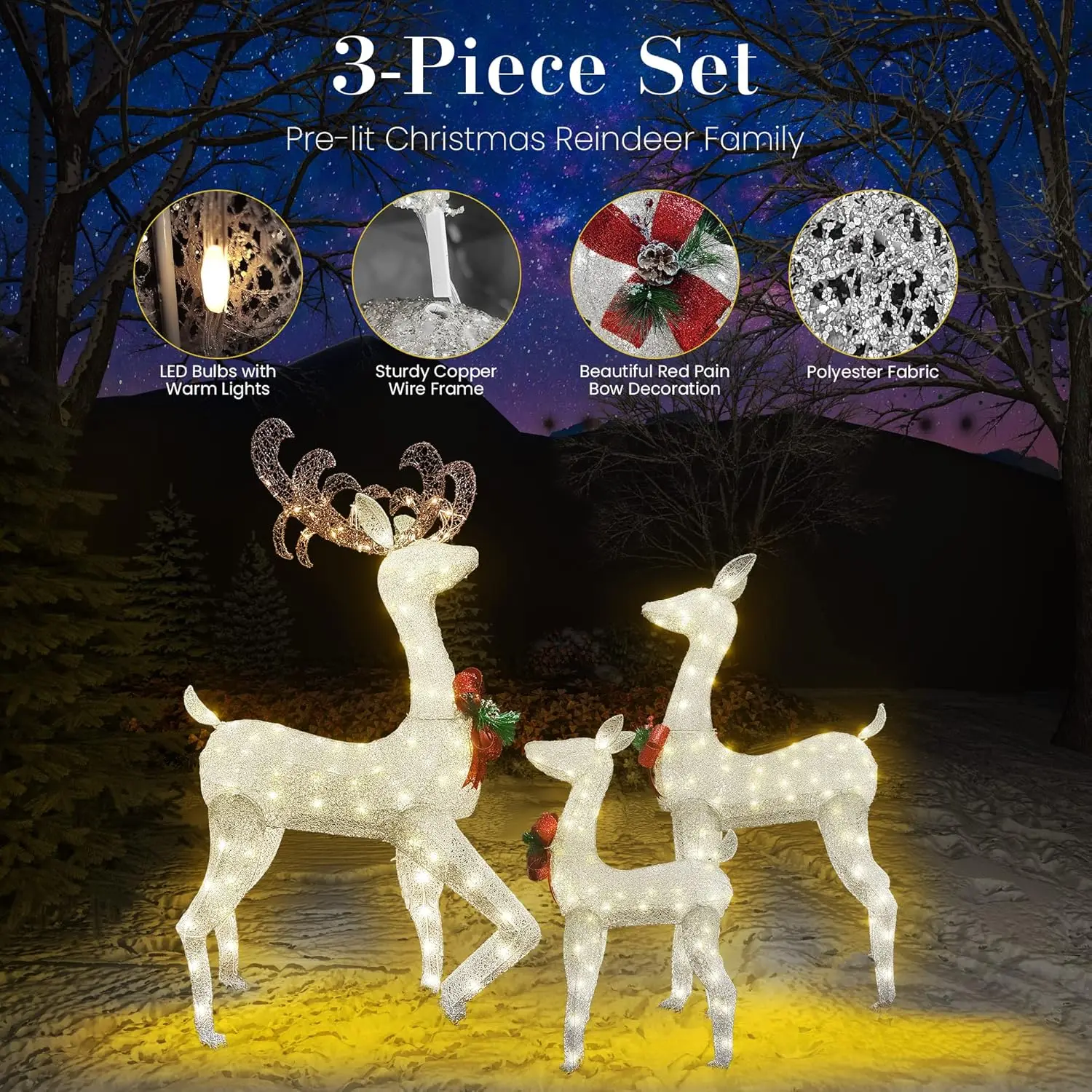 3-delige Rendieren Kerstdecoratie Familie Set, Verlichte Kerst Rendier Met Strikken & 230 Warm Witte Ledverlichting