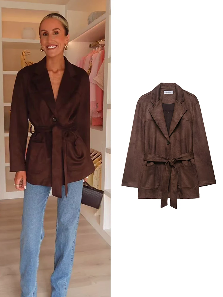 

Fashion Suede Jacket For Women Casual Elegant Lapel Long Sleeve Button Pocket Outwear With Belt 2025 Autumn New Street Jacket
