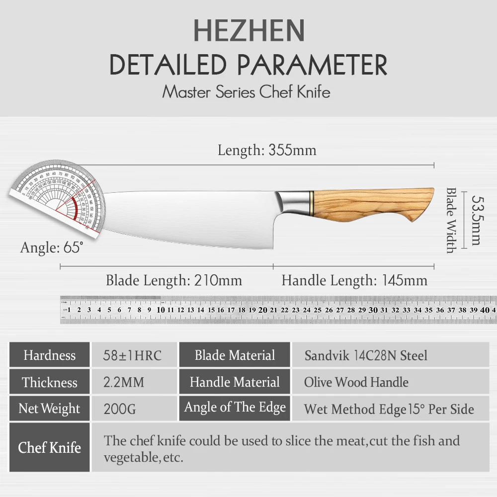 HEZHEN Master Series 8.3 Inches Sandvik 14C28N Steel Chef Knife Kitchen Knives Olive Wood Handle Food Slice the Meat Fish