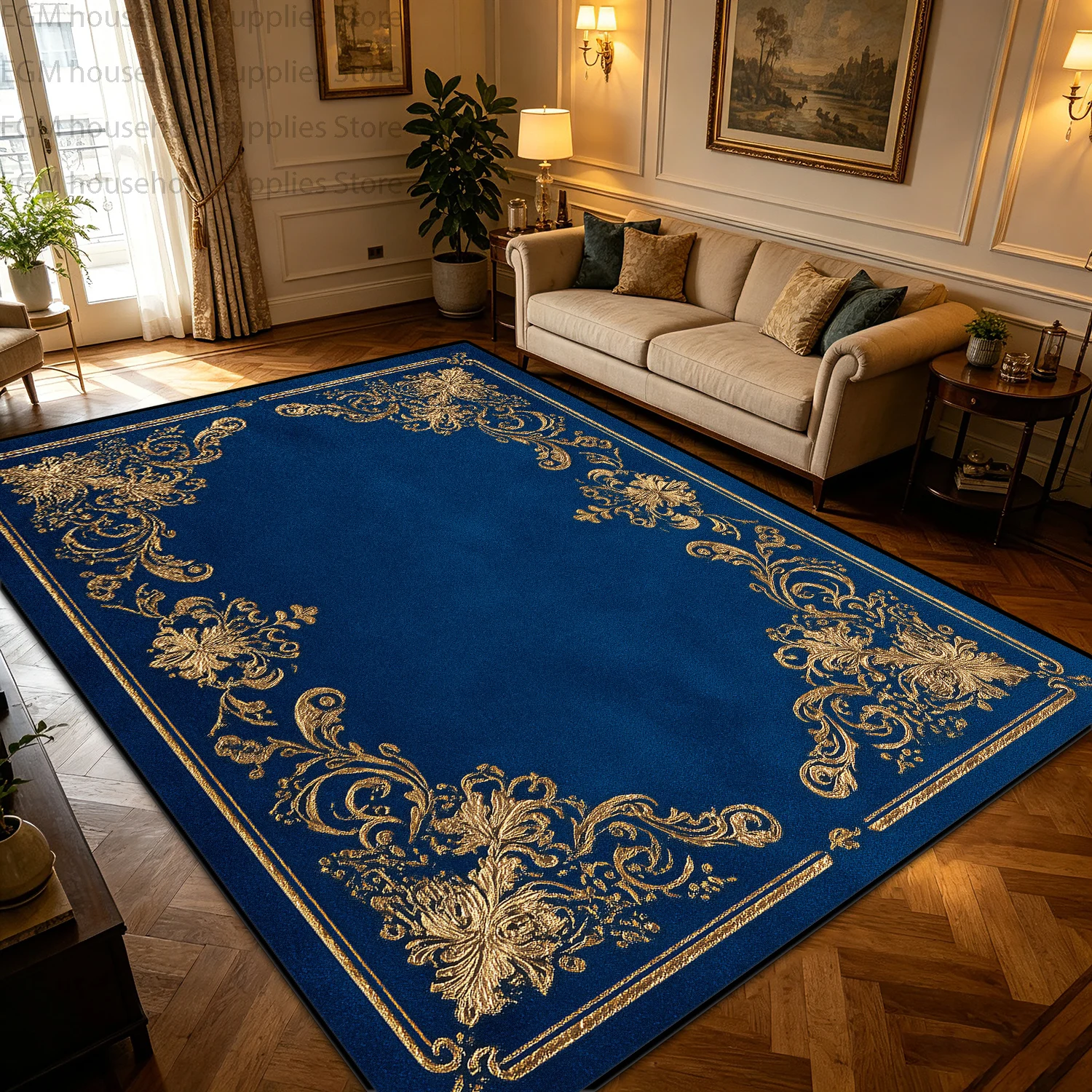 Blue Gold Luxury European Area Rug Classic Bedroom Carpet for Living Room Decor Washable Non-slip Fluffy Coffee Store Floor Mats