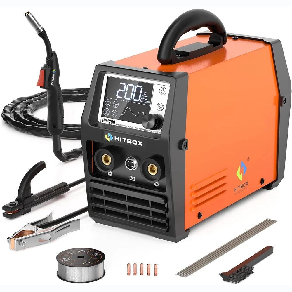 HITBOX HIM200 MIG Welder 4 in 1 Stick MMA ARC Gasless/Gas MIG Support Spool Gun Portable Inverter Welding Machine Hot Start Arc Force Anti-sticking VRD Digital LCD Screen Welder for 2lb 0.8/1.0mm Flux