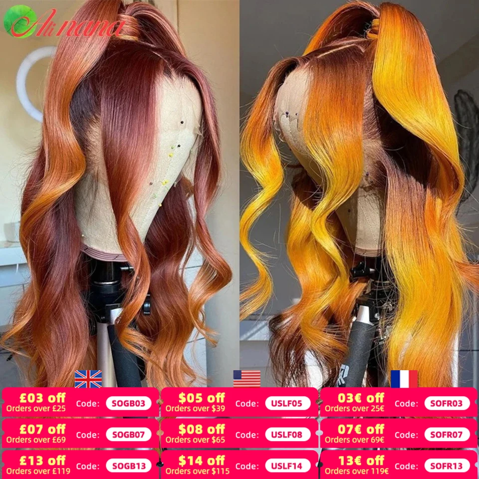 Blue Ombre Yellow Orange Red Colored Human Hair Wigs 13x4 Lace Front Wig Body