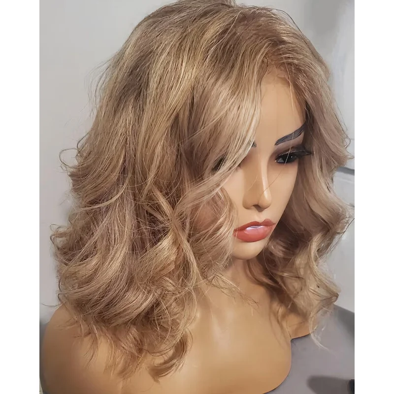 Human Hair Wigs Natural Blonde Bob Wave Highlight Wigs Lace Front Glueless Wig