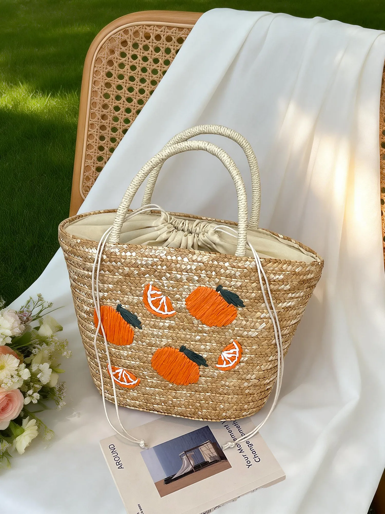 

2026 New Orange Embroidery Straw Woven Bag Summer Beach Vacation Handheld Tote Bag Large Capacity Woven Vegetable Basket Bag