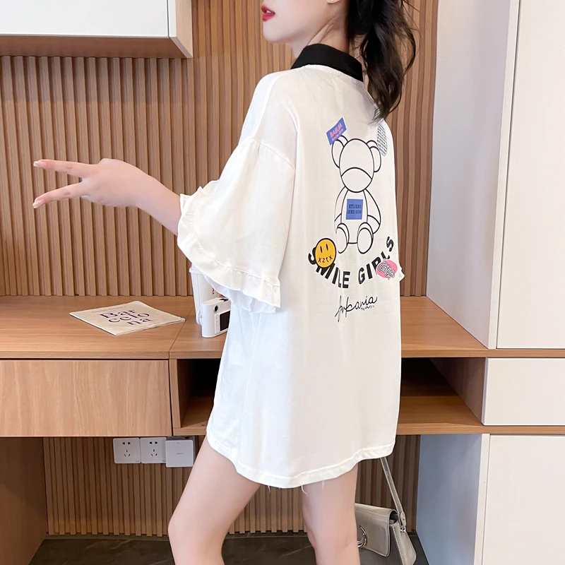 

Summer Korean version loose design, medium length westernized and age reducing cartoon Polo neck short sleeved t-shirt for women